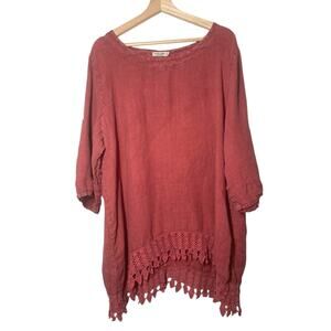 Lungo L'arno Linen Top Blouse Crochet Hem Roll Tab Sleeve Elbow Pink Red 2X